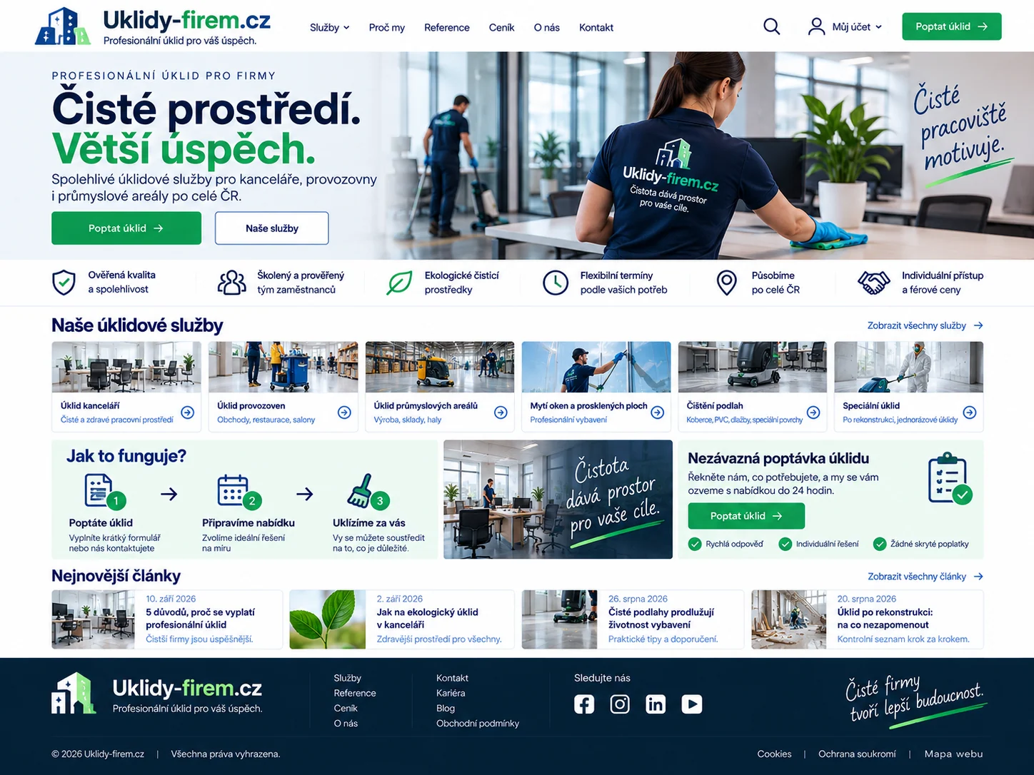Ilustrační návrh webu Uklidy-firem.cz pro profesionální úklid kanceláří a provozů